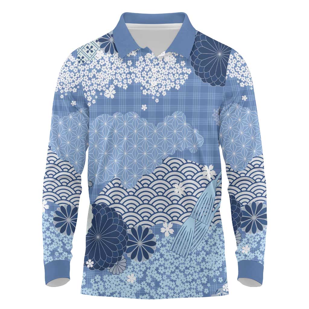 Blue Palaka Japanese Patterns Long Sleeve Polo Shirt Asanoha Seigaiha Sakura Motif - Polynesian Pride
