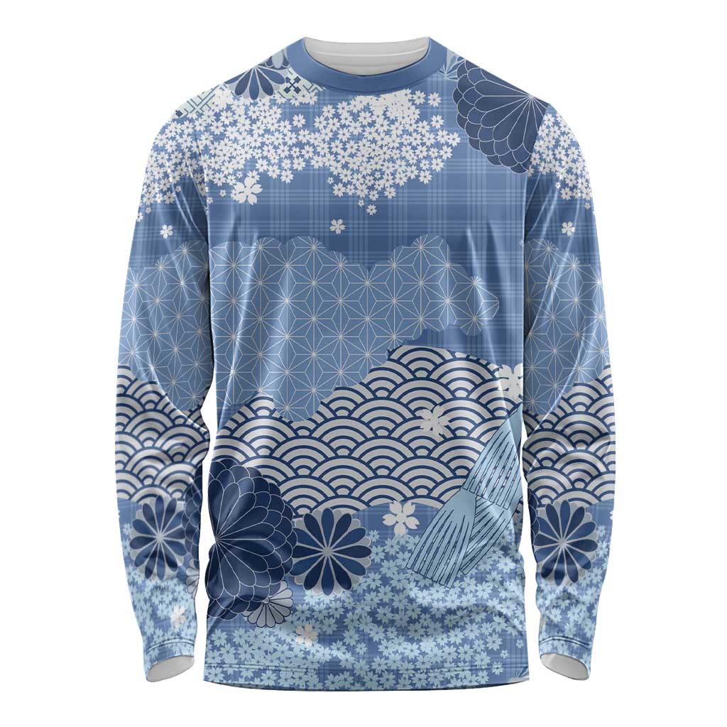 Blue Palaka Japanese Patterns Long Sleeve Shirt Asanoha Seigaiha Sakura Motif LT14 Unisex Blue - Polynesian Pride