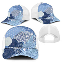 Blue Japanese Traditional Motifs Mesh Trucker Cap Palaka With Asanoha Seigaiha Sakura - Polynesian Pride