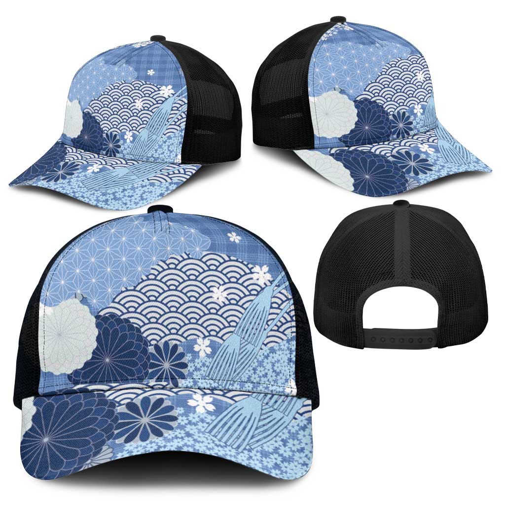 Blue Japanese Traditional Motifs Mesh Trucker Cap Palaka With Asanoha Seigaiha Sakura - Polynesian Pride