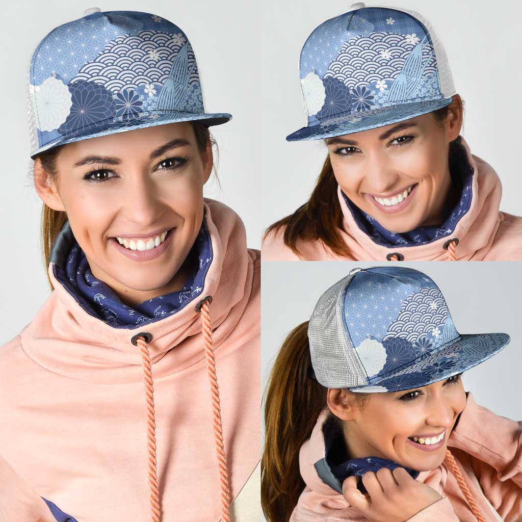 Blue Japanese Traditional Motifs Mesh Trucker Cap Palaka With Asanoha Seigaiha Sakura - Polynesian Pride
