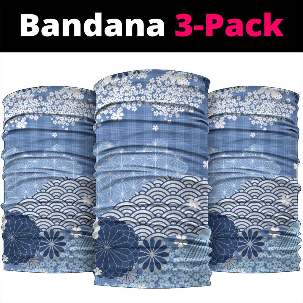 Blue Palaka Japanese Patterns Neck Gaiter Asanoha Seigaiha Sakura Motif - Polynesian Pride
