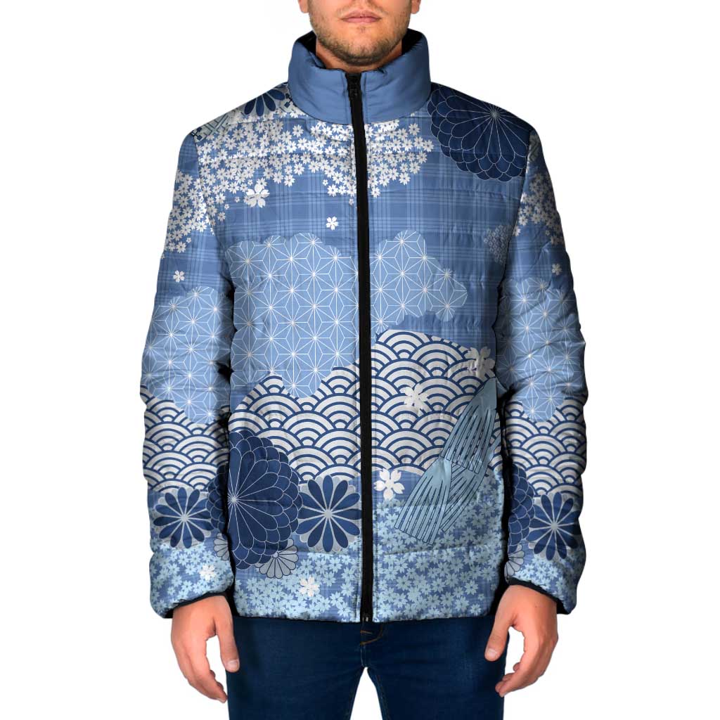 Blue Palaka Japanese Patterns Padded Jacket Asanoha Seigaiha Sakura Motif LT14 Men Blue - Polynesian Pride