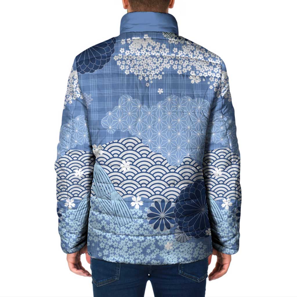 Blue Palaka Japanese Patterns Padded Jacket Asanoha Seigaiha Sakura Motif LT14 - Polynesian Pride