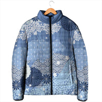Blue Palaka Japanese Patterns Padded Jacket Asanoha Seigaiha Sakura Motif LT14 - Polynesian Pride