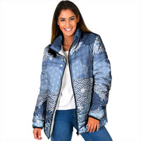 Blue Palaka Japanese Patterns Padded Jacket Asanoha Seigaiha Sakura Motif LT14 Women Blue - Polynesian Pride