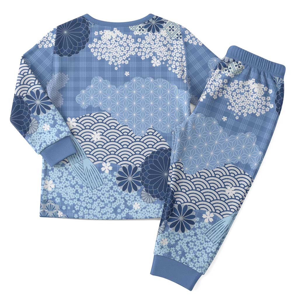 Blue Palaka Japanese Patterns Christmas Pajama Set Asanoha Seigaiha Sakura Motif LT14 - Polynesian Pride
