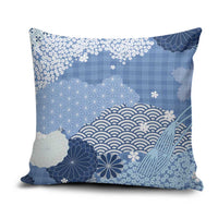 Blue Palaka Japanese Patterns Pillow Cover Asanoha Seigaiha Sakura Motif - Polynesian Pride