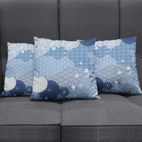 Blue Palaka Japanese Patterns Pillow Cover Asanoha Seigaiha Sakura Motif - Polynesian Pride