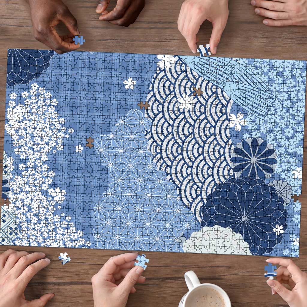 Blue Palaka Japanese Patterns Puzzle Asanoha Seigaiha Sakura Motif LT14 - Polynesian Pride
