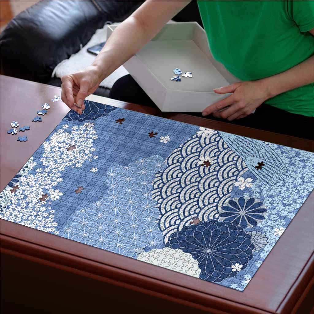 Blue Palaka Japanese Patterns Puzzle Asanoha Seigaiha Sakura Motif LT14 - Polynesian Pride