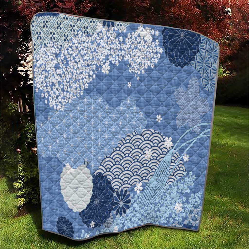 Blue Palaka Japanese Patterns Quilt Asanoha Seigaiha Sakura Motif - Polynesian Pride