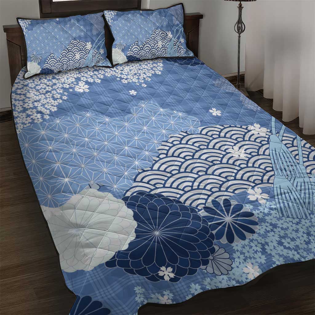 Blue Palaka Japanese Patterns Quilt Bed Set Asanoha Seigaiha Sakura Motif - Polynesian Pride