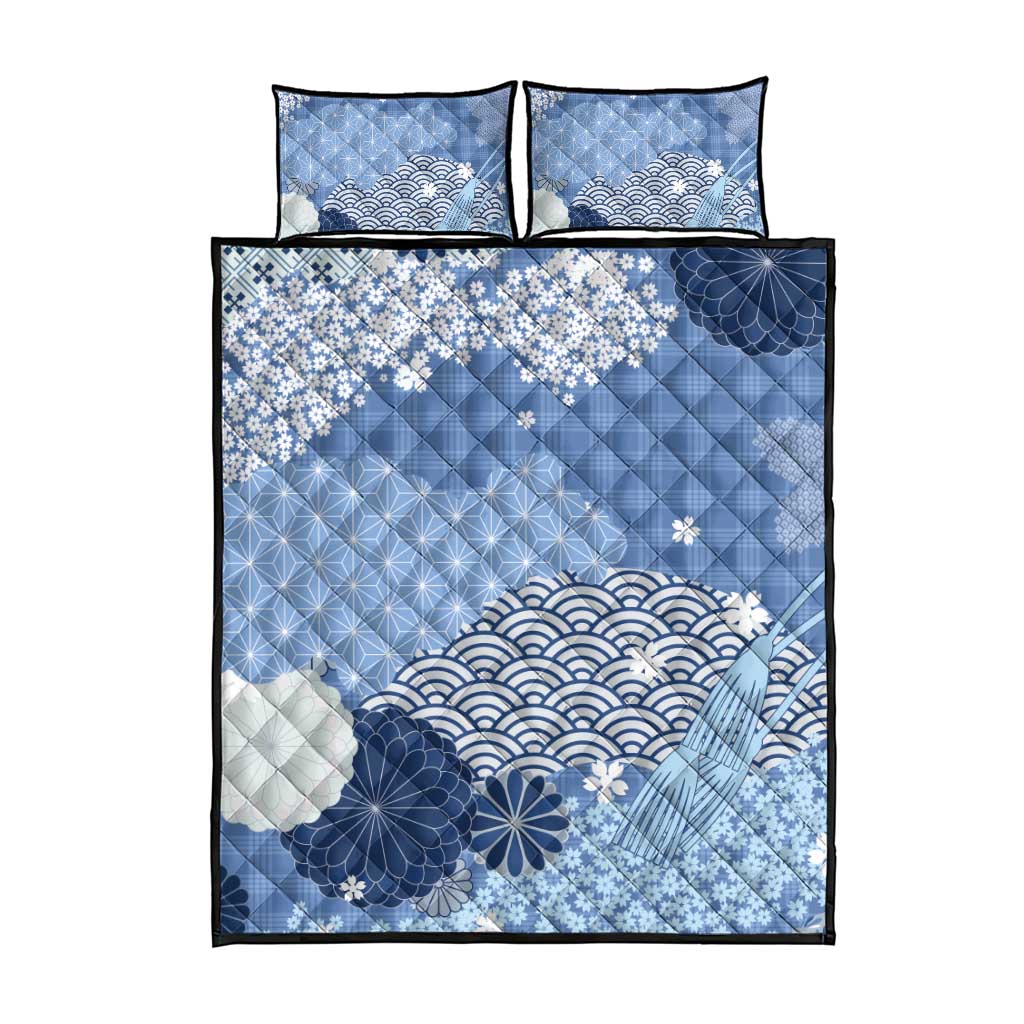 Blue Palaka Japanese Patterns Quilt Bed Set Asanoha Seigaiha Sakura Motif - Polynesian Pride