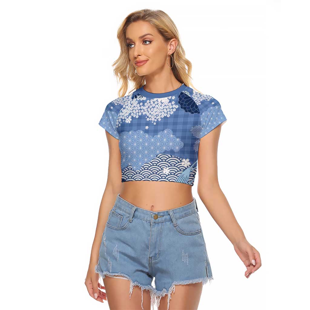 Blue Palaka Japanese Patterns Raglan Cropped T Shirt Asanoha Seigaiha Sakura Motif - Polynesian Pride