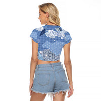 Blue Palaka Japanese Patterns Raglan Cropped T Shirt Asanoha Seigaiha Sakura Motif - Polynesian Pride