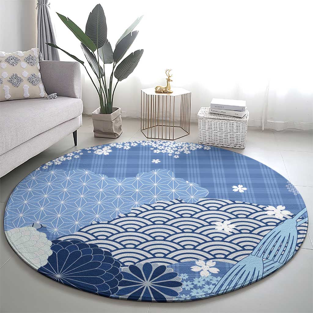 Blue Palaka Japanese Patterns Round Carpet Asanoha Seigaiha Sakura Motif - Polynesian Pride