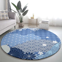 Blue Palaka Japanese Patterns Round Carpet Asanoha Seigaiha Sakura Motif - Polynesian Pride