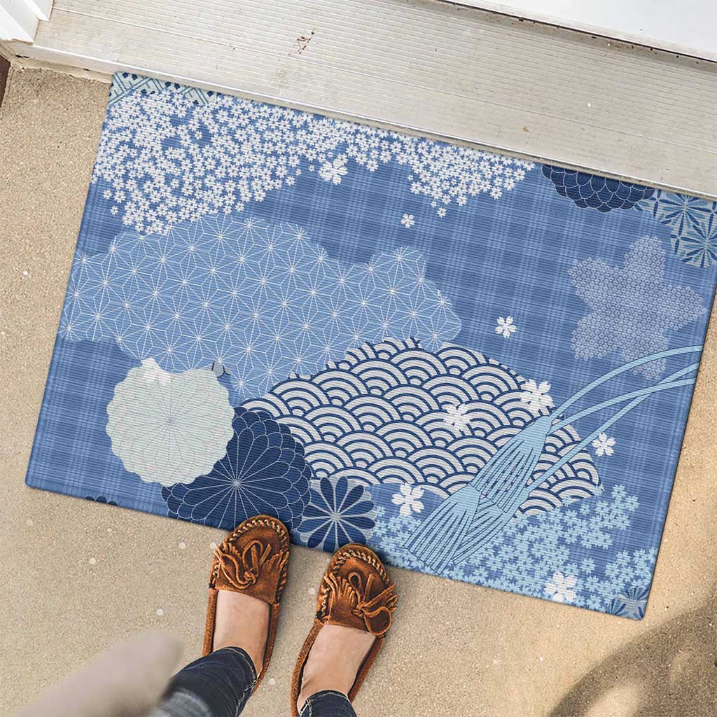 Blue Palaka Japanese Patterns Rubber Doormat Asanoha Seigaiha Sakura Motif LT14 - Polynesian Pride