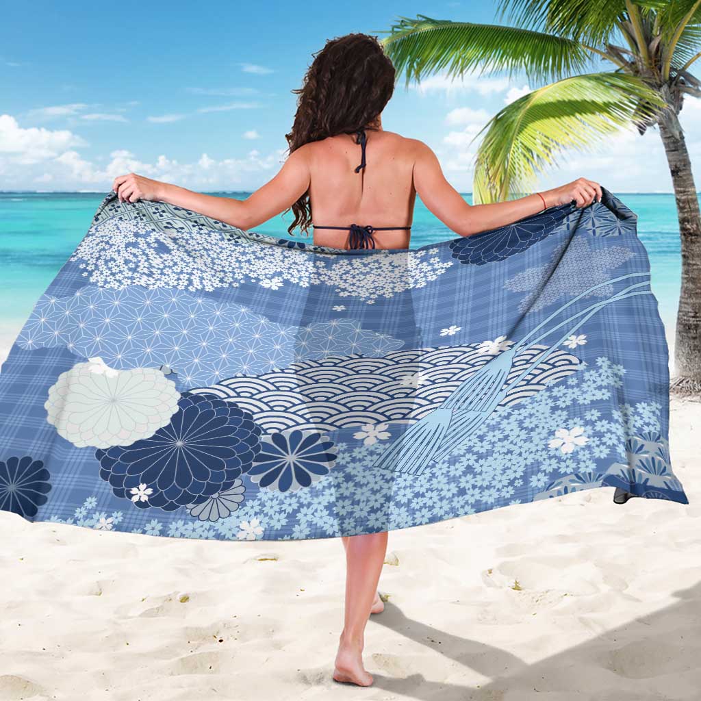 Blue Palaka Japanese Patterns Sarong Asanoha Seigaiha Sakura Motif - Polynesian Pride