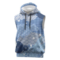 Blue Palaka Japanese Patterns Sleeveless Hoodie Asanoha Seigaiha Sakura Motif LT14 Blue - Polynesian Pride