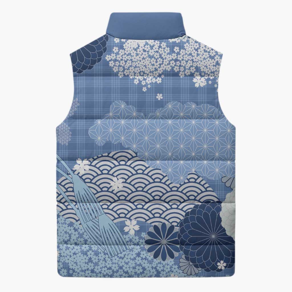 Blue Palaka Japanese Patterns Sleeveless Puffer Jacket Asanoha Seigaiha Sakura Motif LT14 - Polynesian Pride