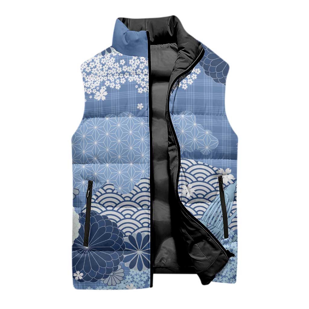 Blue Palaka Japanese Patterns Sleeveless Puffer Jacket Asanoha Seigaiha Sakura Motif LT14 - Polynesian Pride