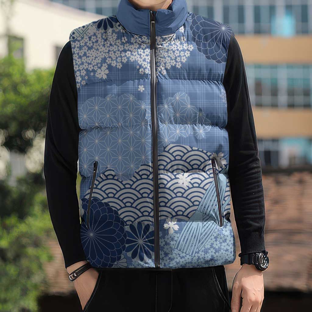 Blue Palaka Japanese Patterns Sleeveless Puffer Jacket Asanoha Seigaiha Sakura Motif LT14 - Polynesian Pride