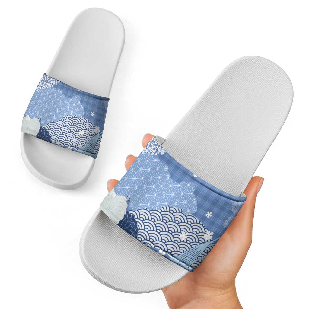 Blue Palaka Japanese Patterns Slide Sandals Asanoha Seigaiha Sakura Motif - Polynesian Pride