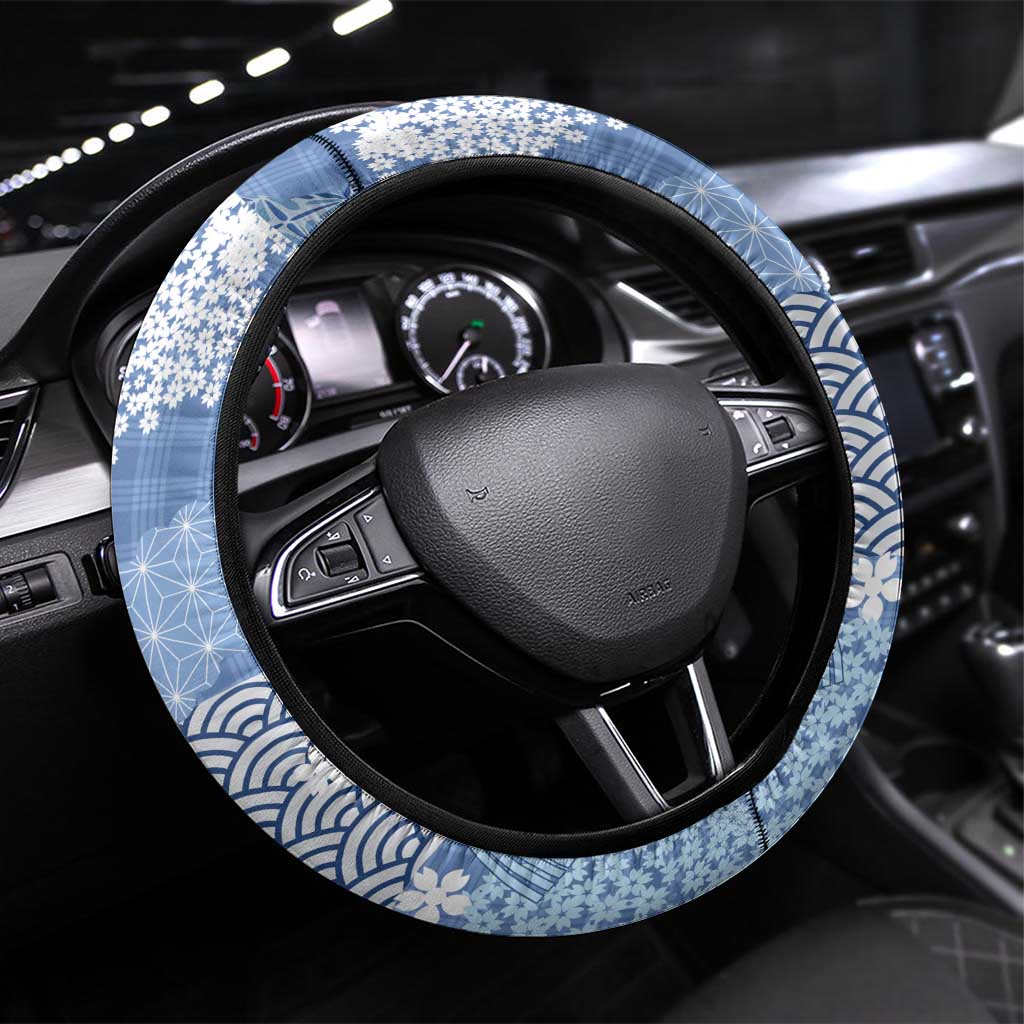 Blue Palaka Japanese Patterns Steering Wheel Cover Asanoha Seigaiha Sakura Motif LT14 Universal Fit Blue - Polynesian Pride