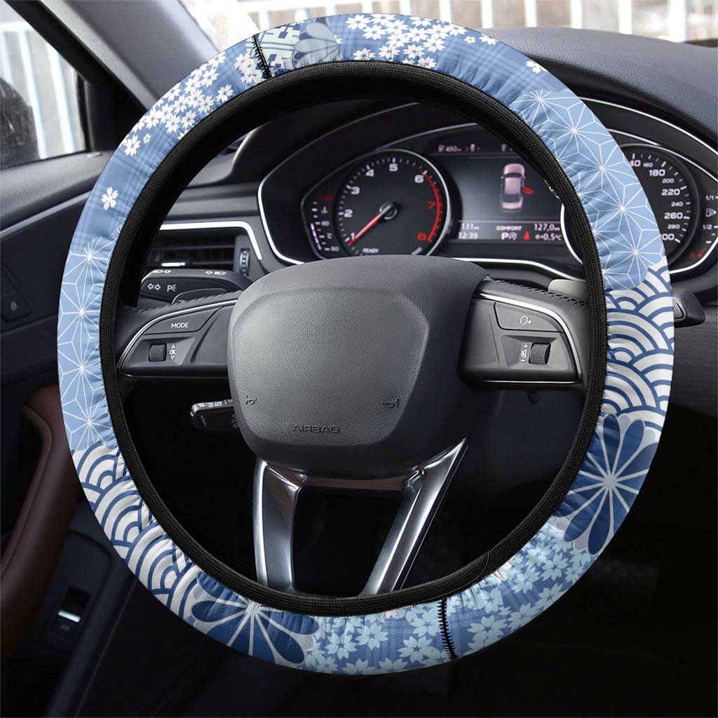 Blue Palaka Japanese Patterns Steering Wheel Cover Asanoha Seigaiha Sakura Motif LT14 - Polynesian Pride