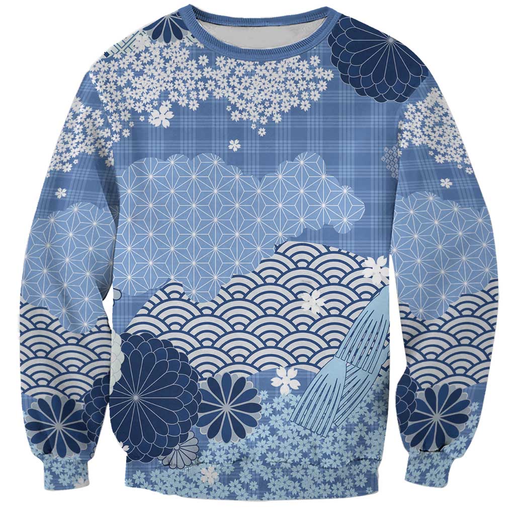 Blue Palaka Japanese Patterns Sweatshirt Asanoha Seigaiha Sakura Motif LT14 Unisex Blue - Polynesian Pride