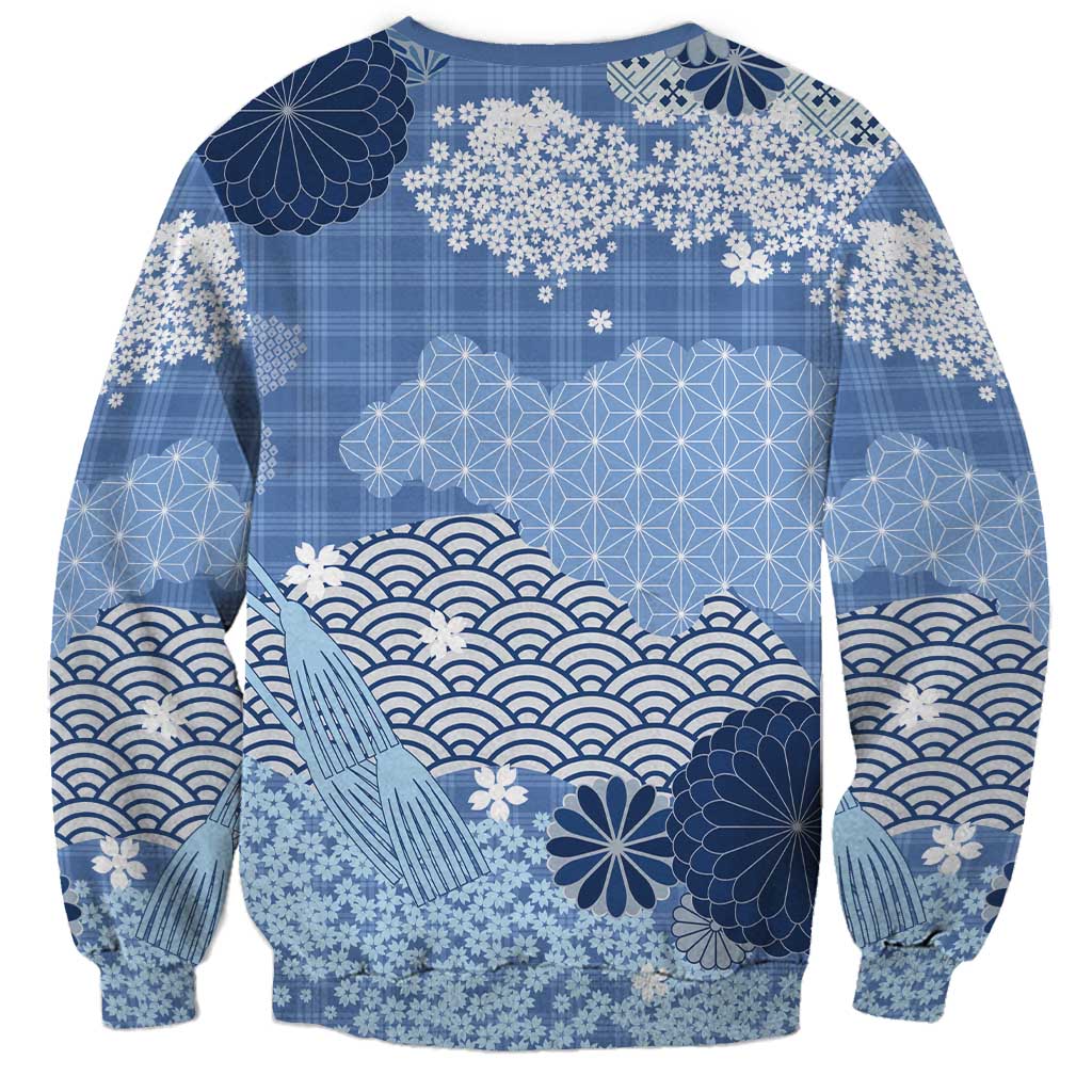 Blue Palaka Japanese Patterns Sweatshirt Asanoha Seigaiha Sakura Motif LT14 - Polynesian Pride
