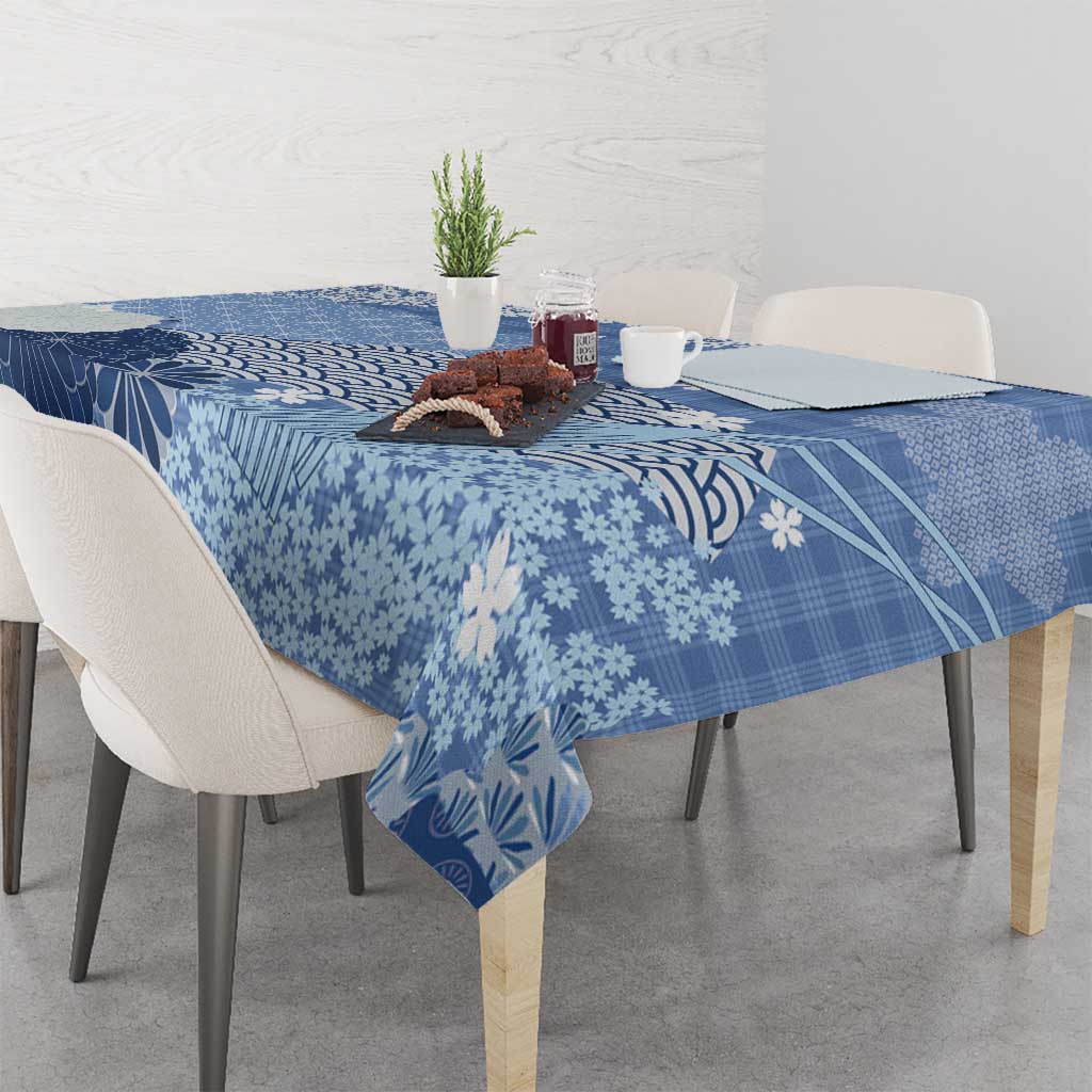 Blue Palaka Japanese Patterns Tablecloth Asanoha Seigaiha Sakura Motif - Polynesian Pride