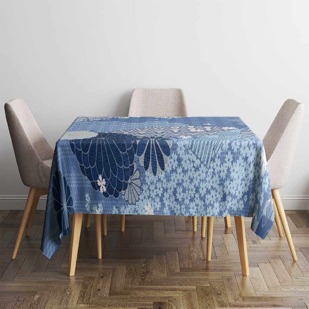 Blue Palaka Japanese Patterns Tablecloth Asanoha Seigaiha Sakura Motif - Polynesian Pride