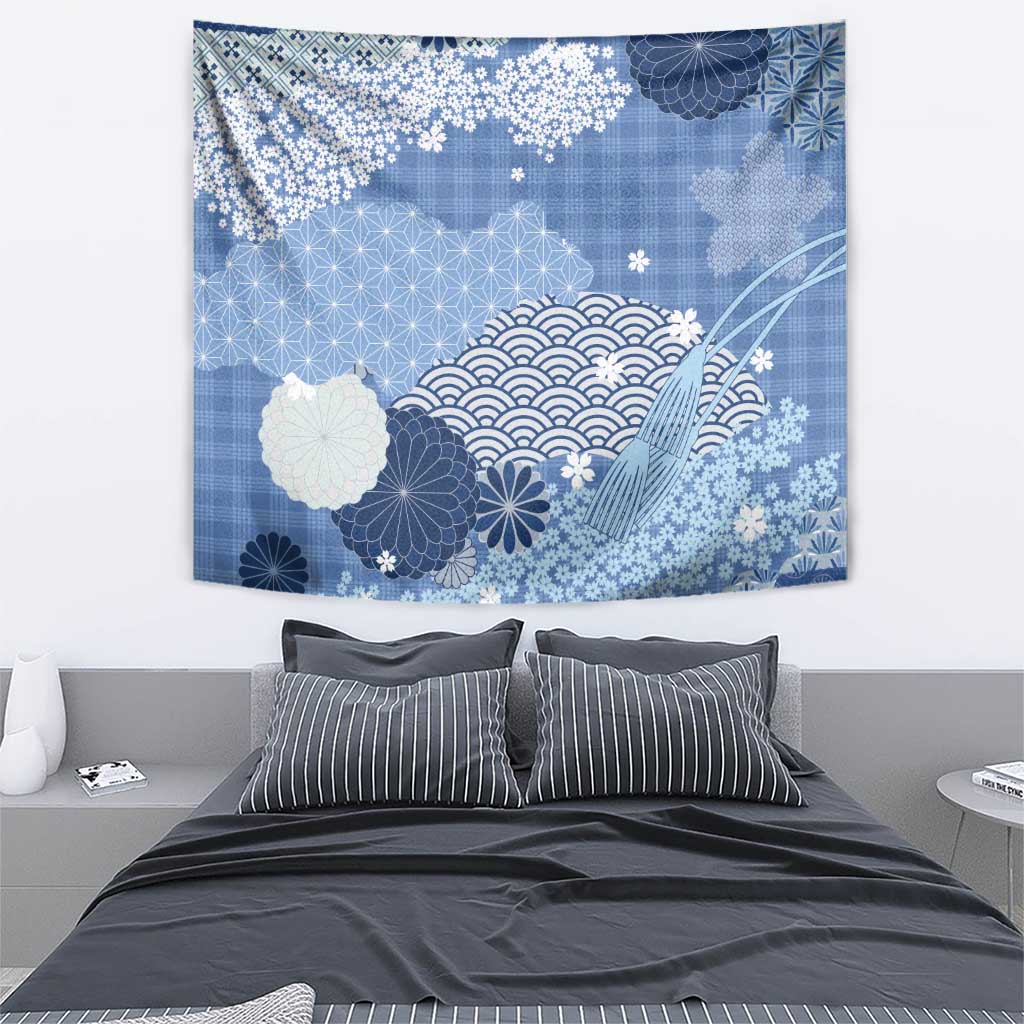 Blue Palaka Japanese Patterns Tapestry Asanoha Seigaiha Sakura Motif - Polynesian Pride