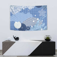Blue Palaka Japanese Patterns Tapestry Asanoha Seigaiha Sakura Motif - Polynesian Pride
