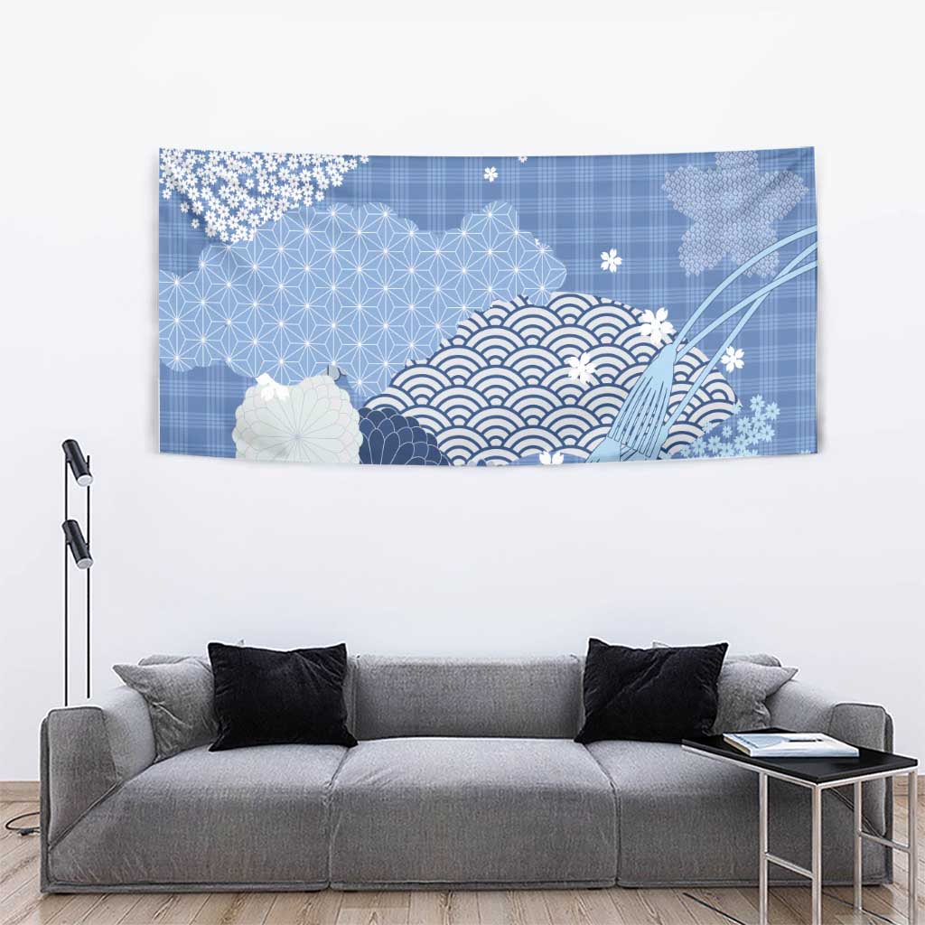Blue Palaka Japanese Patterns Tapestry Asanoha Seigaiha Sakura Motif - Polynesian Pride