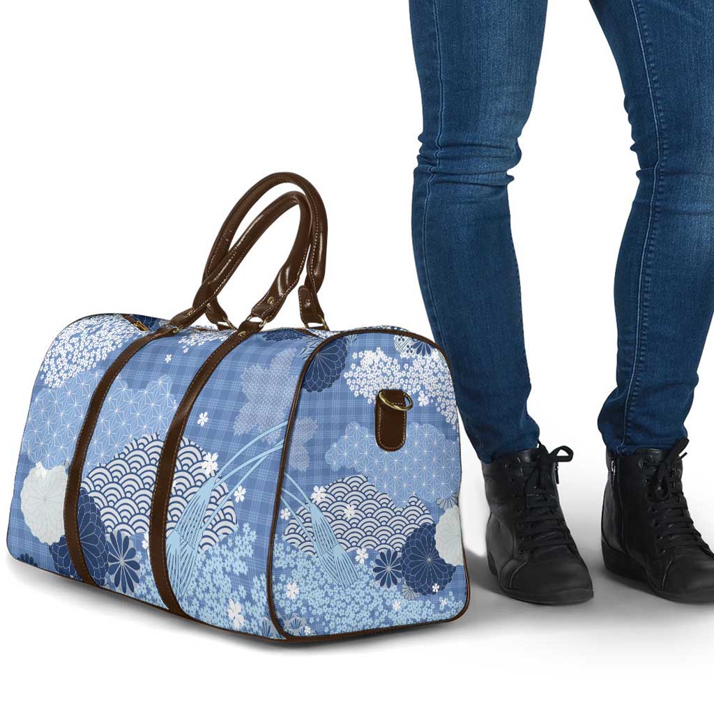 Blue Palaka Japanese Patterns Travel Bag Asanoha Seigaiha Sakura Motif - Polynesian Pride