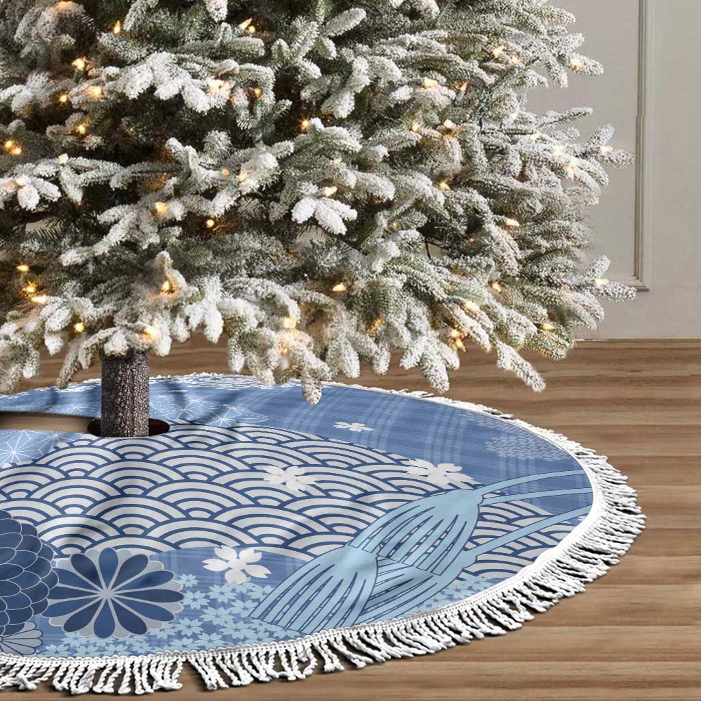 Blue Palaka Japanese Patterns Tree Skirt Asanoha Seigaiha Sakura Motif LT14 - Polynesian Pride