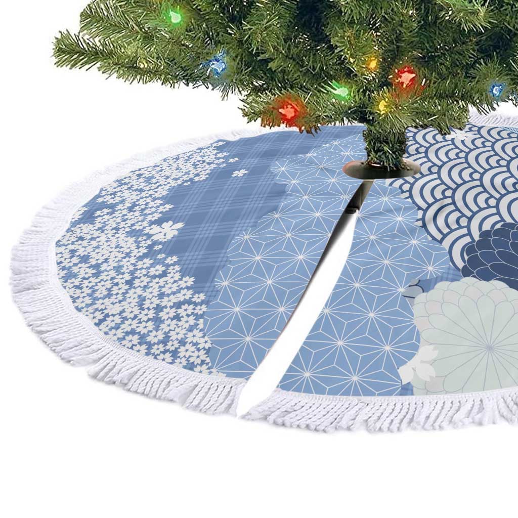 Blue Palaka Japanese Patterns Tree Skirt Asanoha Seigaiha Sakura Motif LT14 - Polynesian Pride