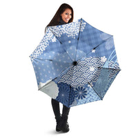 Blue Palaka Japanese Patterns Umbrella Asanoha Seigaiha Sakura Motif - Polynesian Pride