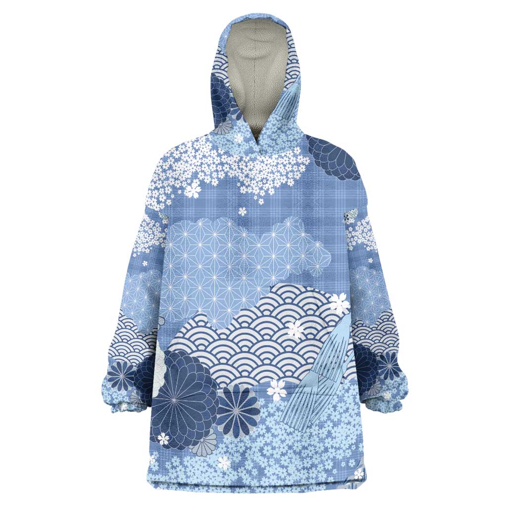 Blue Palaka Japanese Patterns Wearable Blanket Hoodie Asanoha Seigaiha Sakura Motif LT14 One Size Blue - Polynesian Pride