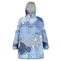 Blue Palaka Japanese Patterns Wearable Blanket Hoodie Asanoha Seigaiha Sakura Motif LT14 One Size Blue - Polynesian Pride