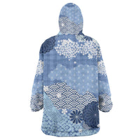 Blue Palaka Japanese Patterns Wearable Blanket Hoodie Asanoha Seigaiha Sakura Motif LT14 - Polynesian Pride