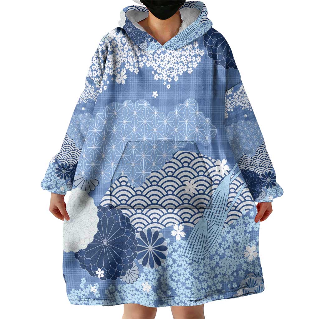 Blue Palaka Japanese Patterns Wearable Blanket Hoodie Asanoha Seigaiha Sakura Motif LT14 - Polynesian Pride