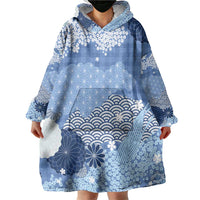 Blue Palaka Japanese Patterns Wearable Blanket Hoodie Asanoha Seigaiha Sakura Motif LT14 - Polynesian Pride