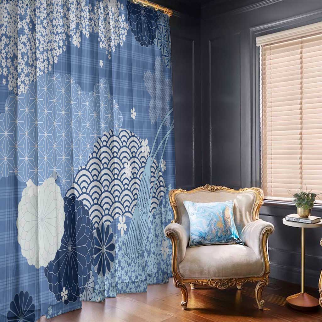 Blue Palaka Japanese Patterns Window Curtain Asanoha Seigaiha Sakura Motif - Polynesian Pride