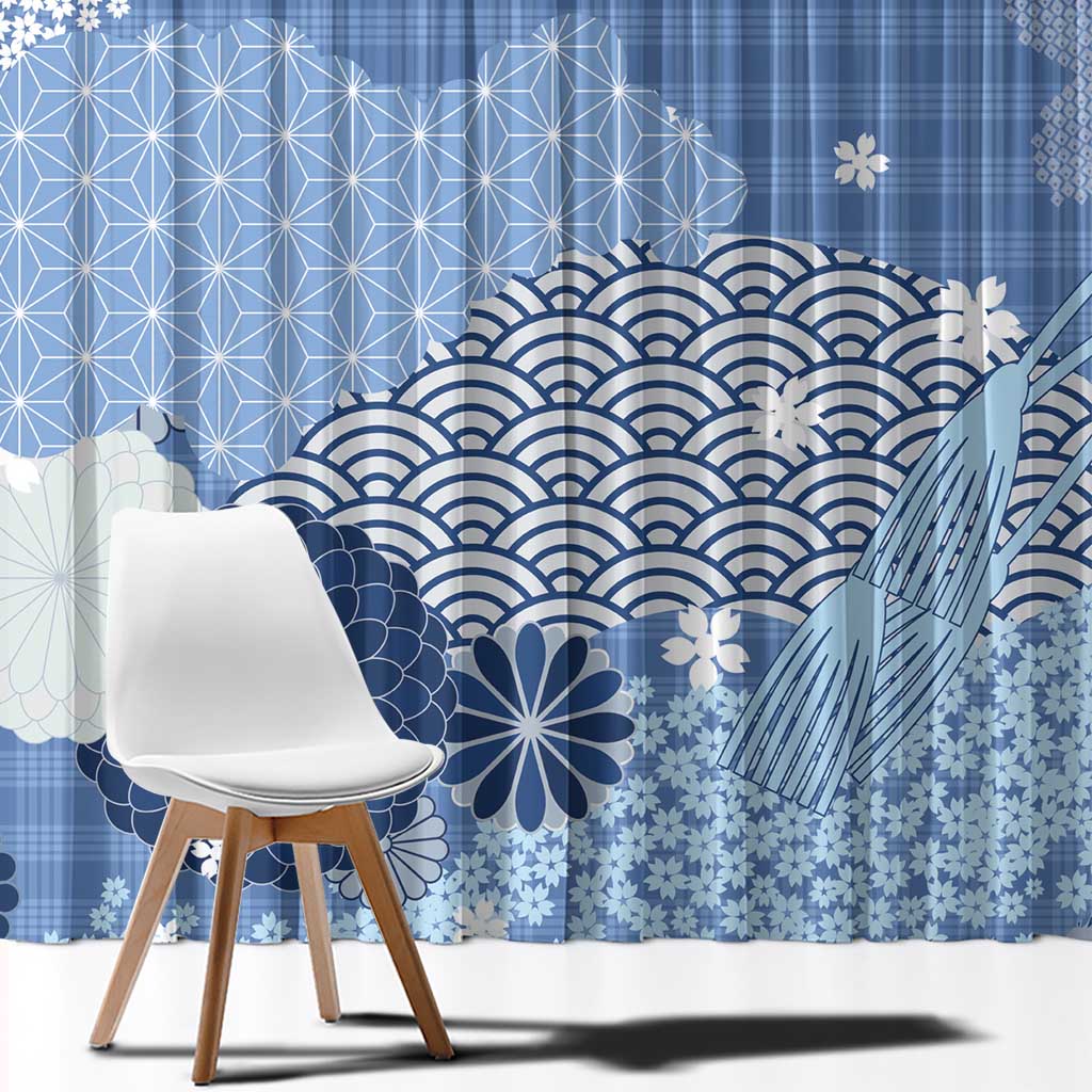Blue Palaka Japanese Patterns Window Curtain Asanoha Seigaiha Sakura Motif - Polynesian Pride