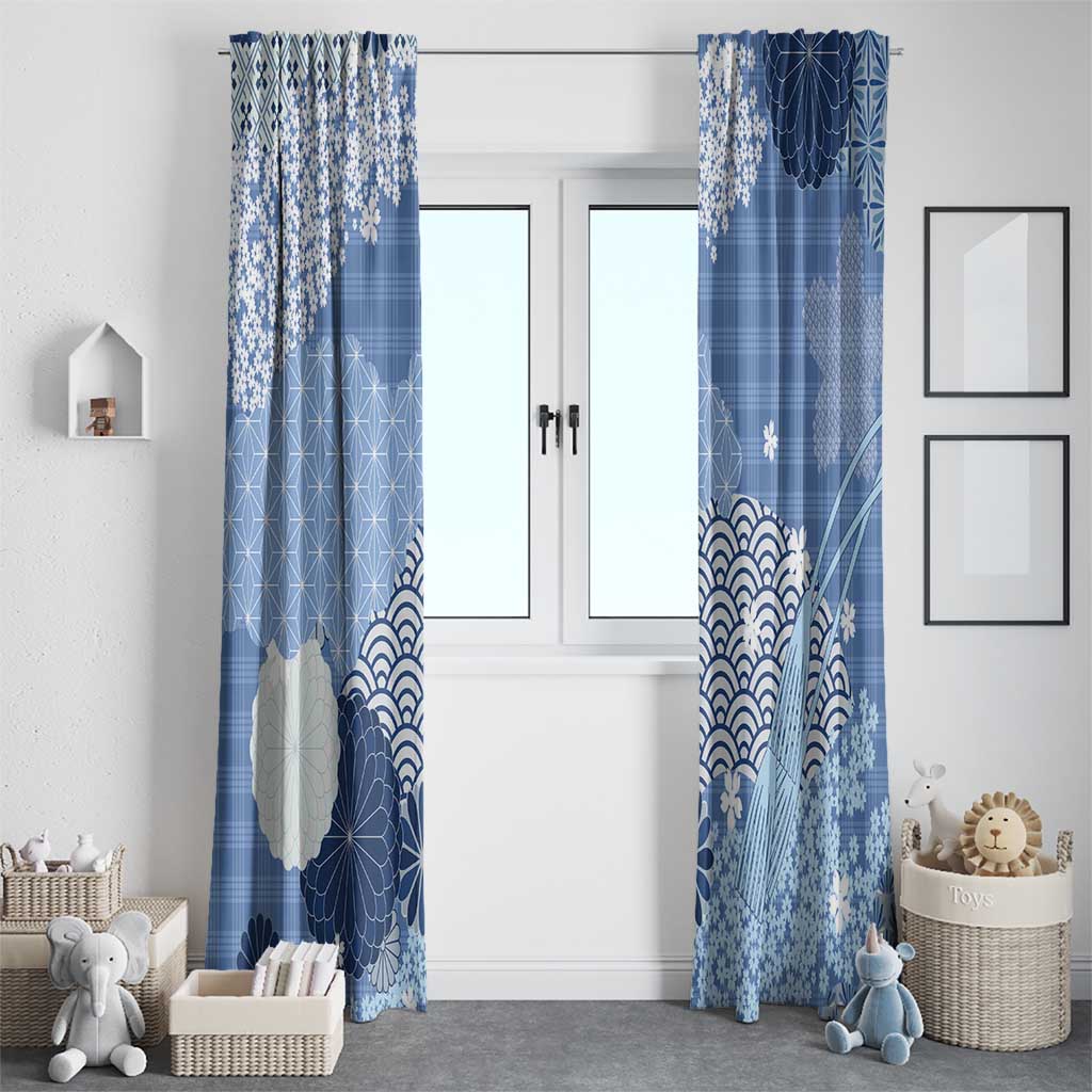 Blue Palaka Japanese Patterns Window Curtain Asanoha Seigaiha Sakura Motif - Polynesian Pride